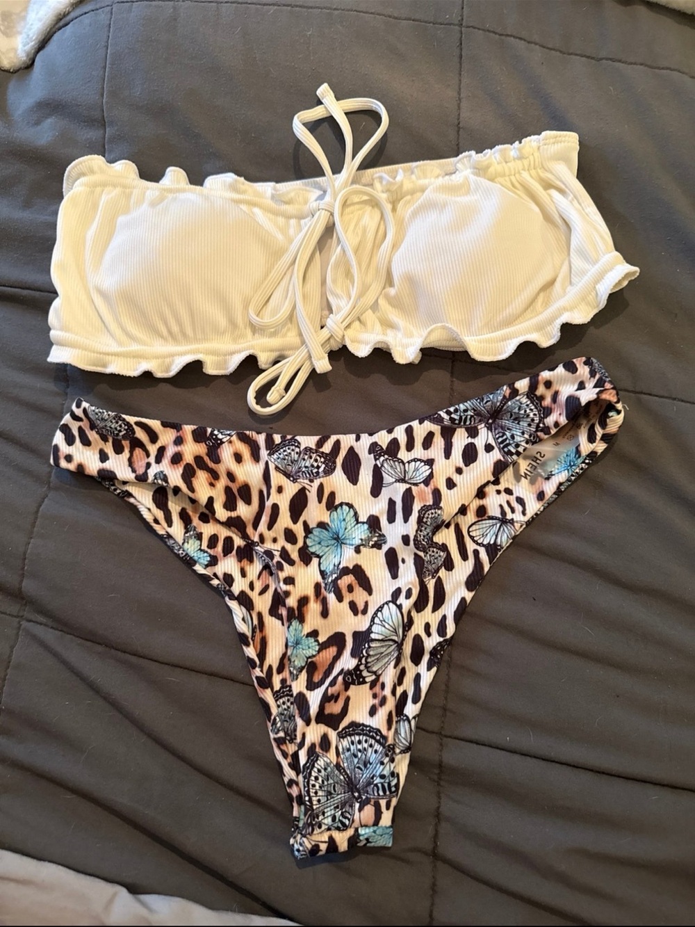 SHEIN White Ribbed Bandeau Top w/ Leopard & Blue Butterfly Bikini Bottom size M